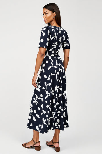 Print Navy A Line Midi Dress with Short Sleeves